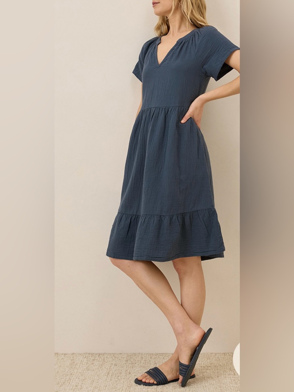 Pact Organic Cotton Coastal Double Gauze Breezy Dress French Navy size L - Picture 3 of 14